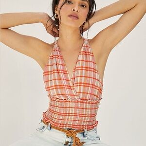 Anthropologie Pilcro Plaid Jessie Smocked Halter Top Large